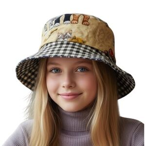 20” Kids Reversible Cat Print Checkered/Patriotic Bucket Hat Hand‎ Crafted